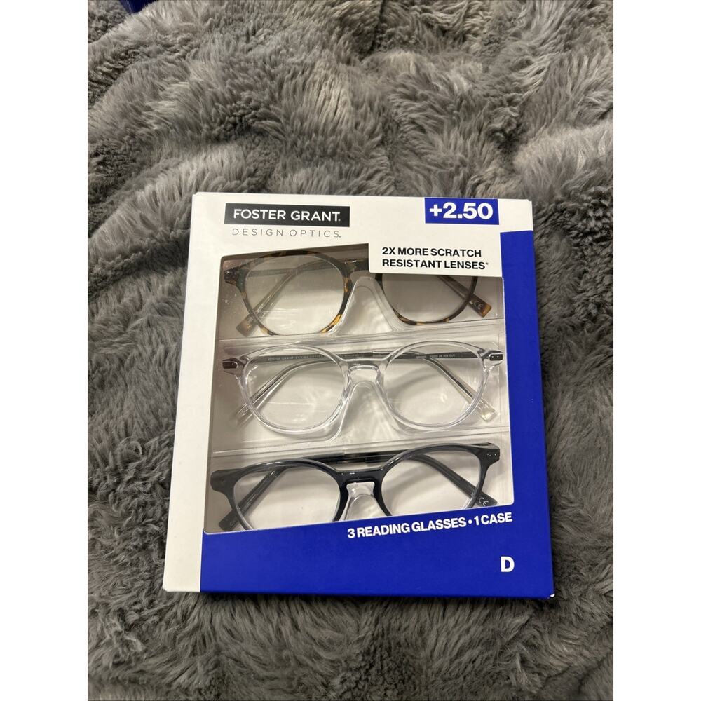 Foster Grant D Full Rim Plastic Round Reading Glasses +2.50 Strength 3 Pack